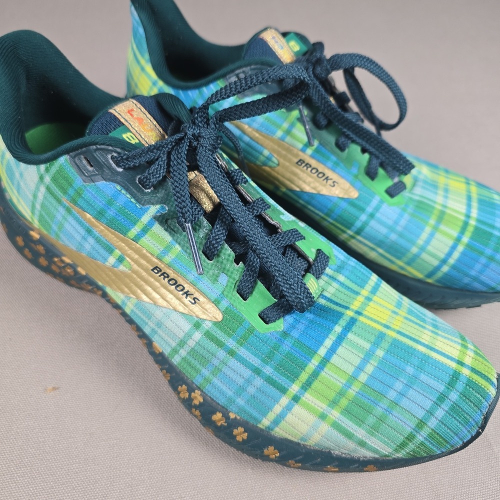 Brooks Launch 8 Run Lucky Womens 8.5 B Green / Blue Plaid St Patrick's Day